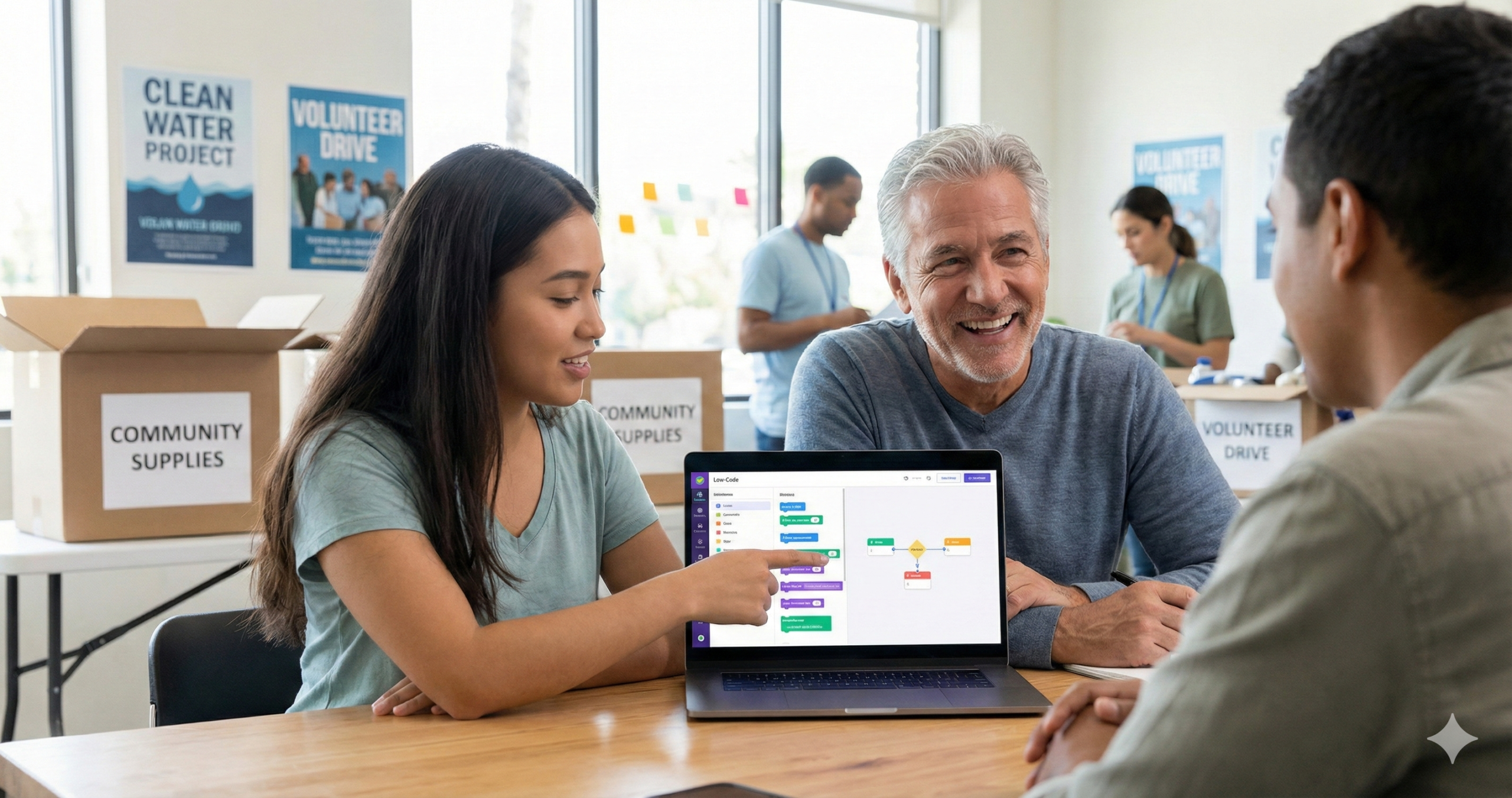 Equipo de una ONG colaborando frente a un portátil utilizando una herramienta de automatización low-code con una interfaz visual sencilla